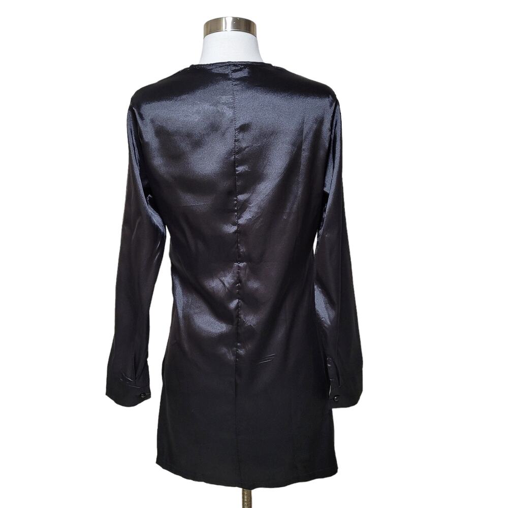 Satin Black Faux Wrap Front Plunge Mini Dress V Neck Twist Size Medium - Picture 6 of 8